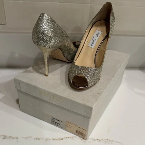 Jimmy Choo Glittering Champagne Peep-Toe Heels - Picture 3 of 10